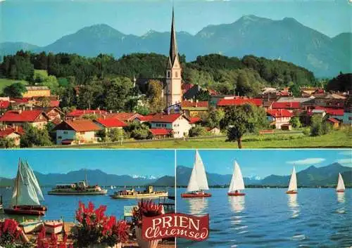 AK / Ansichtskarte 73978968 Prien_Chiemsee Ortsansicht mit Kirche Chiemgauer Alpen Segeln Faehre