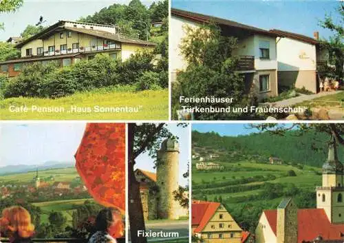 AK / Ansichtskarte  Fladungen Café Pension Haus Sonnentau Ferienhaeuser Fixierturm Kirche 