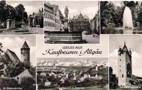 AK / Ansichtskarte  Kaufbeuren Bahnhofstrasse Kaiser Max Strasse Jordananlage St Blasiuskirche Kaufbeuren mit Gebirge Fuenfkopfturm