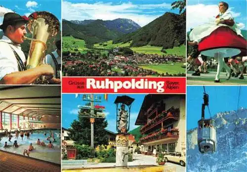 AK / Ansichtskarte 73980557 Ruhpolding Blasmusik Panorama Blick gegen Hochfelln Oberbayerischer Tanz Rauschbergbahn Hallen-Wellenbad Dorfbrunnen Huber Karte Nr. 8904