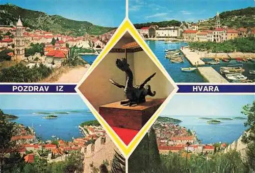 AK / Ansichtskarte  Hvar_Croatia Teilansichten Hafen Kuestenpanorama Drachen-Skulptur