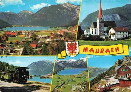 AK / Ansichtskarte 73981234 Maurach_Achensee_TiroL_AT Panorama Kirche Eisenbahn Fliegeraufnahme Gasthaus Terrasse