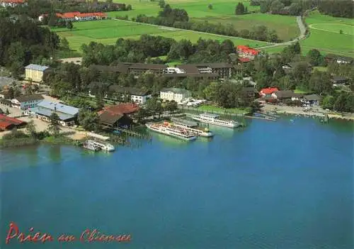 AK / Ansichtskarte  Prien_Chiemsee Landungssteg der Chiemsee Schifffahrt Med Klinik St Irmingard Fliegeraufnahme