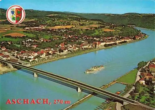 AK / Ansichtskarte 73981521 Aschach_Donau_Oberoesterreich_AT Fliegeraufnahme mit Donaukraftwerk und Bruecke