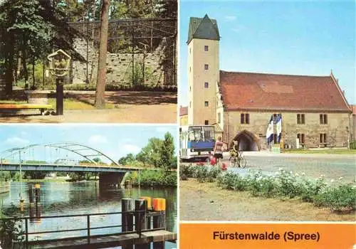 AK / Ansichtskarte 73981530 Fuerstenwalde_Spree Heimattiergarten Spree mit Bruecke der Thaelmann Pioniere Rathaus