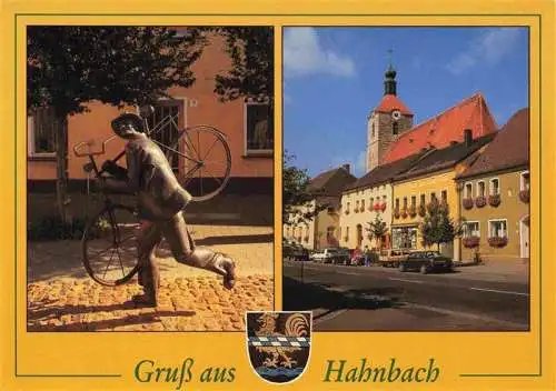 AK / Ansichtskarte 73981581 Hahnbach_Oberpfalz Radfahrer Skulptur Kirche Hauptstrasse