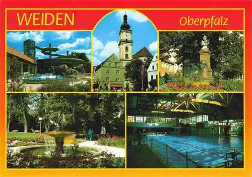 AK / Ansichtskarte 73981586 Weiden__Oberpfalz Schwimmbad Kirche Park Denkmal Hallenbad