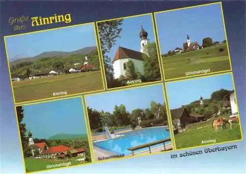 AK / Ansichtskarte 73981592 Ainring Panorama Kirche Ulrichshoegel Schwimmbad Ortspartie