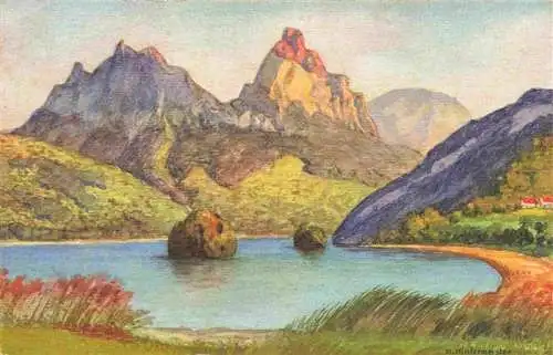 AK / Ansichtskarte  Lowerzersee_Steinen_Lauerzersee_SZ Landschaftspanorama Blick gegen die Mythen Kuenstlerkarte