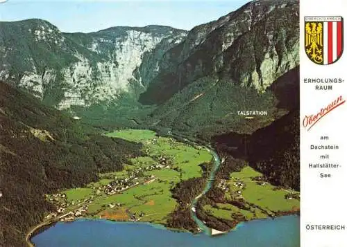 AK / Ansichtskarte  Obertraun_Oberoesterreich_AT am Hallstaetter See mit Dachstein Traunmuendung Dachsteinseilbahn Fliegeraufnahme