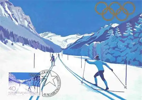 AK / Ansichtskarte  Valuena_Triesen_Liechtenstein_FL Sondermarken Olympische Winterspiele Lake Placid 1980 Langlaufloipe Kuenstlerkarte Ausgabe 6. Dezember 1979