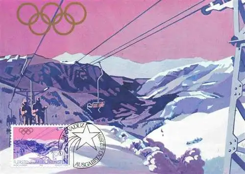 AK / Ansichtskarte  Valuena_Triesen_Liechtenstein_FL Sondermarken Olympische Winterspiele Lake Placid 1980 Skilift Cross Country Course Kuenstlerkarte Ausgabe 6. Dezember 1979