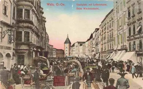AK / Ansichtskarte 73983254 WELS_Oberoesterreich_AT Stadtplatz mit Ledererturm Wochenmarkt