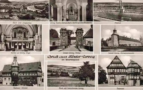 AK / Ansichtskarte 73983327 Corvey_Hoexter_Weser Panorama Blick vom Ziegenberg Kirche Innenansichten Schloss Dechanei Freibad Rathaus Hoexter