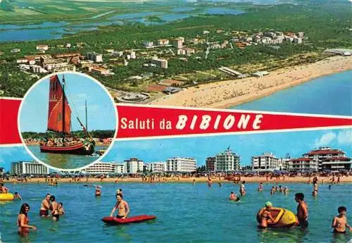 AK / Ansichtskarte 73983782 BIBIONE_Veneto_IT Fliegeraufnahme Segelschiff Strandpartie
