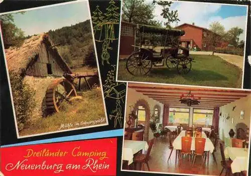 AK / Ansichtskarte 73984264 Neuenburg__Rhein Dreilaender-Camping Gaststaette Restaurant Schuppen Wasserrad Kutsche