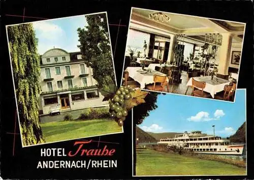 AK / Ansichtskarte 73984317 Andernach_Rhein Hotel Traube Restaurant Uferpartie am Rhein Fahrgastschiff