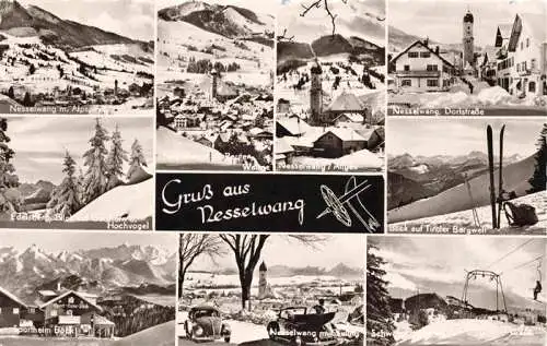 AK / Ansichtskarte 73984440 Nesselwang_Allgaeu_Bayern Winterpanorama Allgaeuer Alpen Dorfstrasse Kirche Tiroler Bergwelt Sportheim Sesselbahn