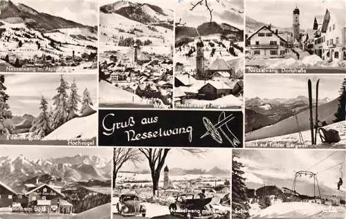 AK / Ansichtskarte  Nesselwang_Allgaeu_Bayern Winterpanorama Allgaeuer Alpen Dorfstrasse Kirche Tiroler Bergwelt Sportheim Sesselbahn