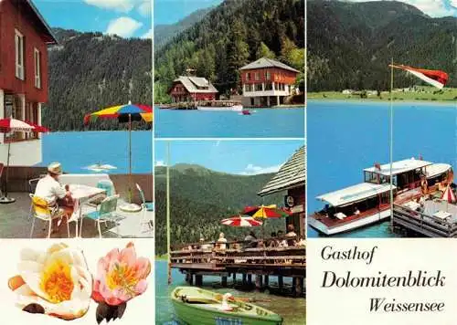 AK / Ansichtskarte 73984748 Weissensee_Kaernten_AT Gasthof Dolomitenblick Terrasse Seepartien Bootssteg