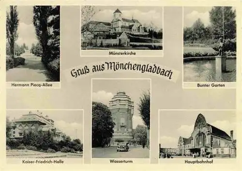 AK / Ansichtskarte  MoeNCHENGLADBACH_NRW Hermann-Pieck-Allee Muensterkirche Bunter Garten Kaiser-Friedrich-Halle Wasserturm Hauptbahnhof