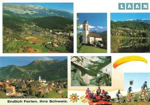 AK / Ansichtskarte  Laax_Surselva_GR Panorama Kirche Ortsansicht Radfahren Gleitschirmflieger