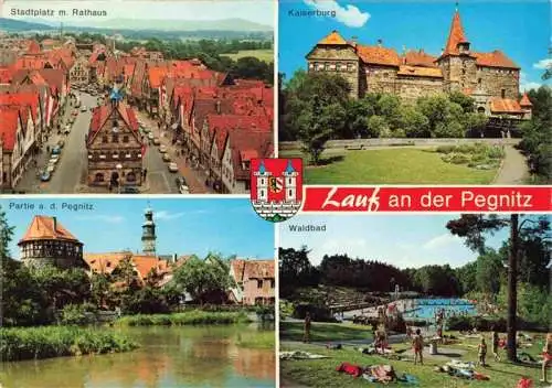 AK / Ansichtskarte 73985097 Lauf_Pegnitz Stadtplatz Rathaus Kaiserburg Partie an der Pegnitz Waldbad Freibad