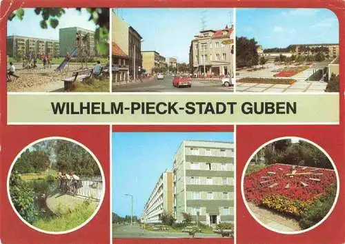 AK / Ansichtskarte  Guben Teilansichten Wilhelm-Pieck-Stadt Blumenuhr Kinderspielplatz Stadtpark Leninallee