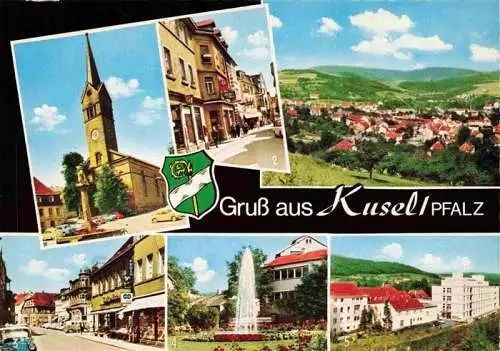 AK / Ansichtskarte  Kusel Ev Kirche mit Hutmacherbrunnen Trierer Strasse Bahnhofstrasse Rosengarten Ev Krankenhaus