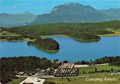 AK / Ansichtskarte 73985669 Faakersee_Kaernten_AT Strand-Camping Arneitz Restaurant gegen Villacher Alpe
