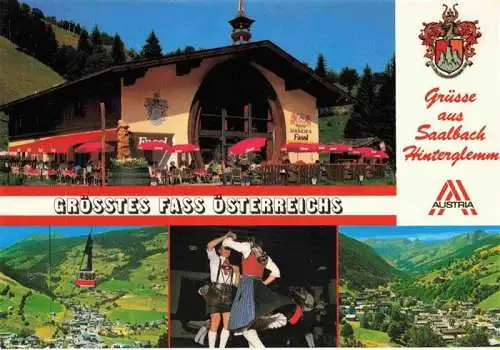 AK / Ansichtskarte 73986035 Saalbach_-Hinterglemm_AT Saalbacher Fassl Groesstes Fass oesterreich Panorama Seilbahn Tanzpaar