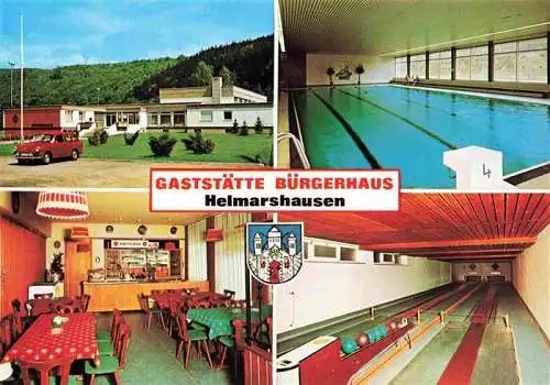 AK / Ansichtskarte  Helmarshausen Gaststaette Buergerhaus Gastraum Hallenbad Kegelbahn