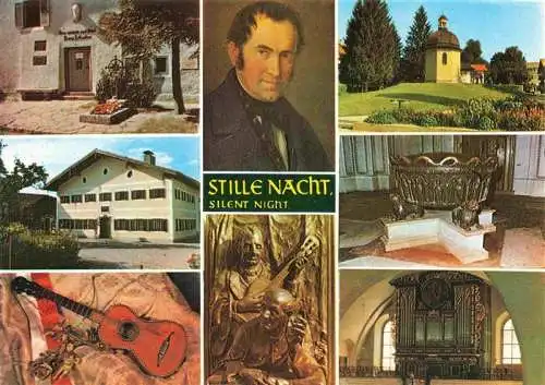 AK / Ansichtskarte 73986834 Hallein_AT Stille Nacht, heilige Nacht Wohnhaus und letzte Ruhestaette des Komponisten Franx Xaver Gruber Schulhaus Arnsdorf Gitarre Bronzerelief Oberndorf Gedaechtniskapelle Gruber-Orgel