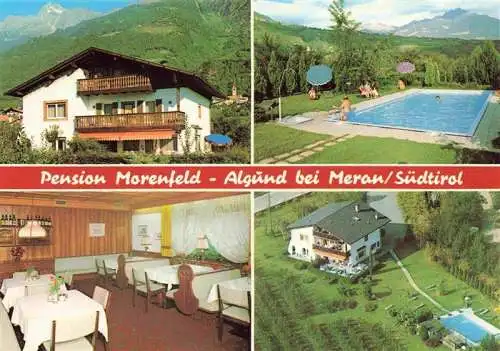 AK / Ansichtskarte  Algund_Merano_Suedtirol_IT Pension Morenfeld Gastraum Swimming Pool Luftaufnahme