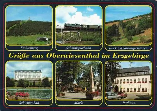 AK / Ansichtskarte  Oberwiesenthal_Erzgebirge Panorama Blick zum Fichtelberg Schmalspurbahn Sprungschanzen Schwimmbad Markt Rathaus