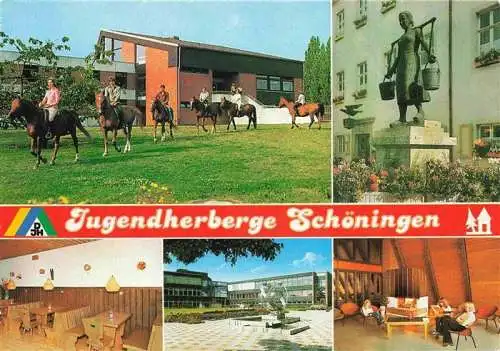 AK / Ansichtskarte 73987915 Schoeningen_Niedersachsen Jugendherberge Schoeningen Reiter Brunnenfigur Gastraeume Park