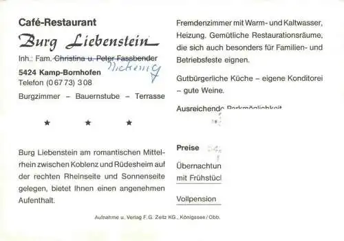 AK / Ansichtskarte  Kamp-Bornhofen_Rhein Burg Liebenstein Cafe Restaurant Gastraeume Rheinpartien