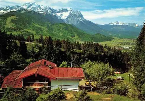 AK / Ansichtskarte 73988178 GARMISCH-PARTENKIRCHEN Bergwirtschaft Gamshuette mit Wettersteingebirge und Zuspitze