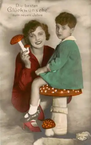AK / Ansichtskarte  Glueckwunsch_Greeting Neu Jahr Foto Frau Kind Pilz