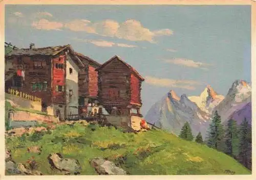 AK / Ansichtskarte  Hohnegg_Saas-Fee_VS Bergdorf mit Fietschhorn und Laquinhorn Alpen Kuenstlerkarte