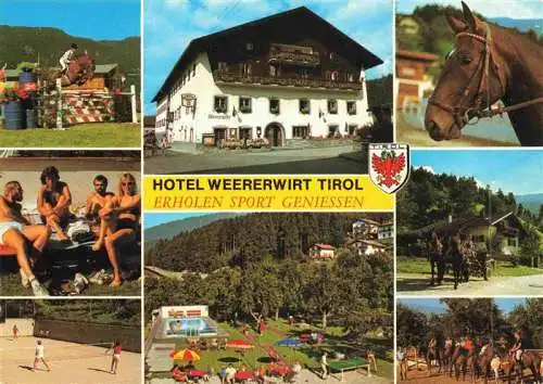 AK / Ansichtskarte 73988534 Weer_Kolsass_Tirol_AT Hotel Weererwirt Springreiten Beachvolleyball Minigolf Pferdekutschen Reitergruppe