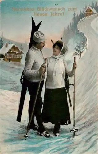 AK / Ansichtskarte 73988544 Skisport_Skiing_Ski-- Glueckwunsch Neu Jahr Mann Frau 