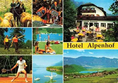 AK / Ansichtskarte 73988765 Kaltern_Caldaro_Suedtirol_IT Hotel Alpenhof Restaurant Terrasse Pferdekutsche Tennis Strand Seepartie