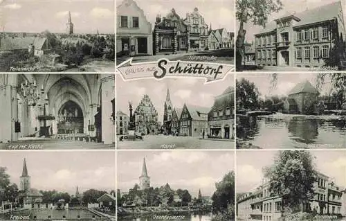 AK / Ansichtskarte  Schuettorf Teilansicht Strassenpartie Schule Kirche Markt Wassermuehle Freibad Partie an der Vechte Annaheim