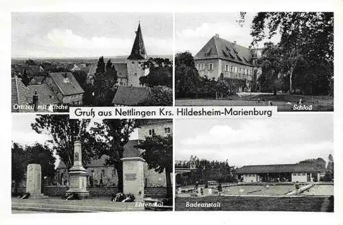 AK / Ansichtskarte 73989006 Nettlingen_Soehlde_Hildesheim_Niedersachsen Ortsansicht mit Kirche Schloss Ehrenmal Badeanstalt Freibad