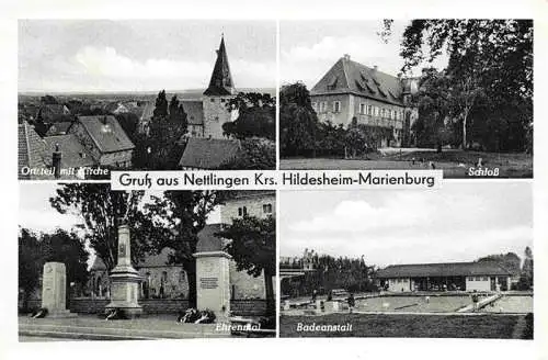 AK / Ansichtskarte  Nettlingen_Soehlde_Hildesheim_Niedersachsen Ortsansicht mit Kirche Schloss Ehrenmal Badeanstalt Freibad