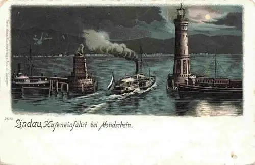 AK / Ansichtskarte 73989231 LINDAU__Bodensee Hafeneinfahrt bei Mondschein