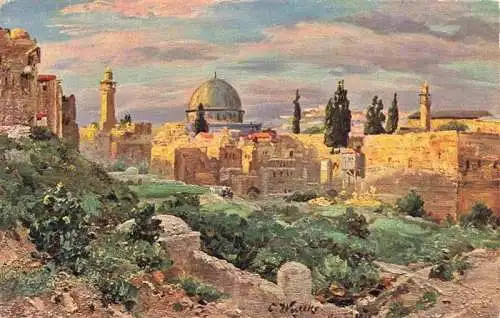 AK / Ansichtskarte 73989364 Jerusalem__Yerushalayim_Israel Stadtblick mit der Omar Moschee vom Moghrebiner Tor Kuenstlerkarte
