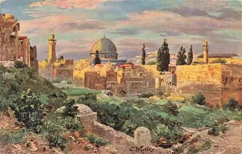 AK / Ansichtskarte  Jerusalem__Yerushalayim_Israel Stadtblick mit der Omar Moschee vom Moghrebiner Tor Kuenstlerkarte