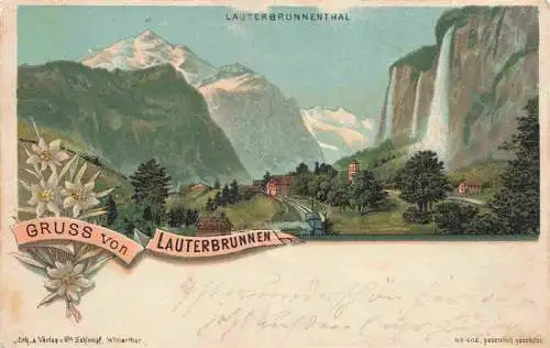 AK / Ansichtskarte  Lauterbrunnen_BE Panorama Lauterbrunnental Wasserfall Berner Alpen Litho